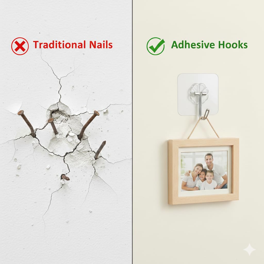 Heavy Duty Wall Hook for Hanging Without Drill | Self Adhesive Wall Hook for Heavy Items & Wall Clock Hanging. (Pack of 10)