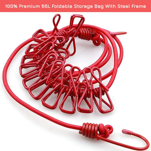 100% Strong Elastic Cloth Drying Rope with 12 Clips & Hooks | Portable No-Drill Balcony & Travel Clothesline