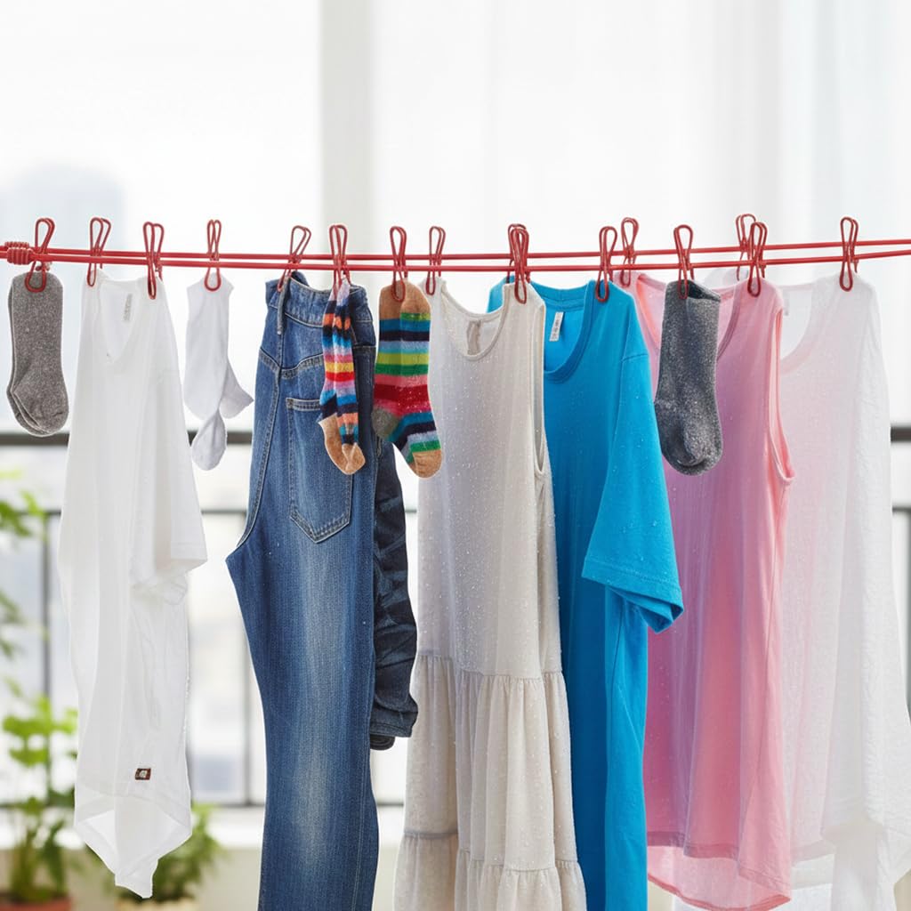 100% Strong Elastic Cloth Drying Rope with 12 Clips & Hooks | Portable No-Drill Balcony & Travel Clothesline
