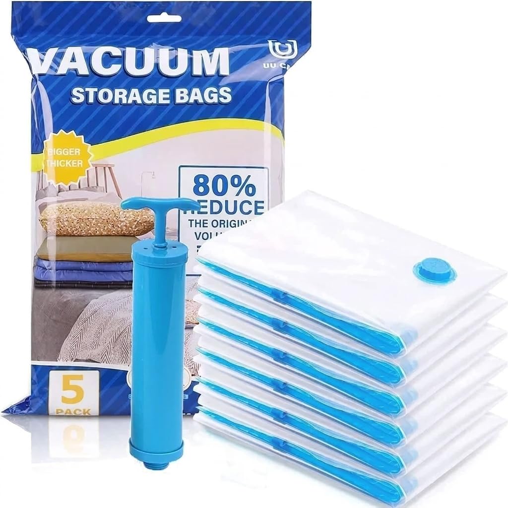 BV Lifestyle 100% Air-Lock Vacuum Storage Bags Set of 5 with Suction Pump | Jumbo Space Saving Compression Bags for Clothes & Blankets | 1 Medium, 2 Large, 2 Extra Large