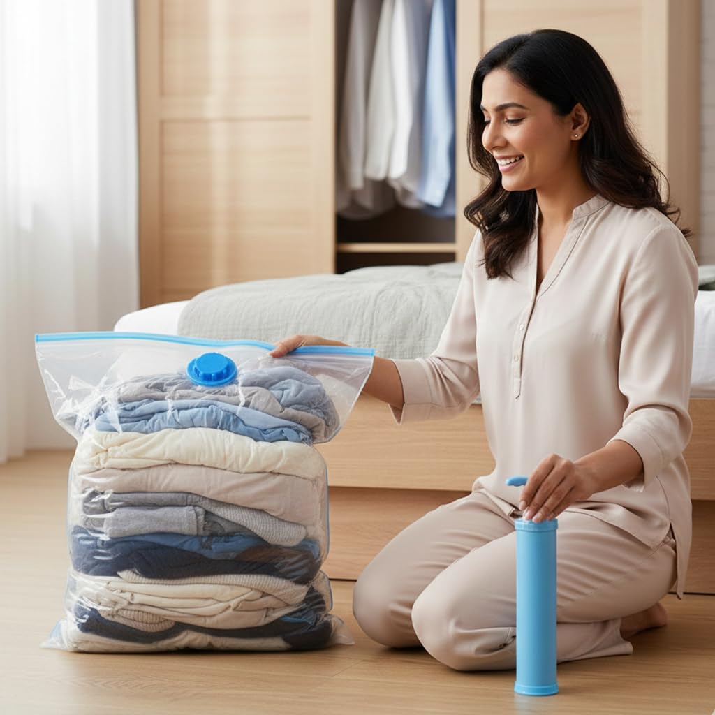 BV Lifestyle 100% Air-Lock Vacuum Storage Bags Set of 5 with Suction Pump | Jumbo Space Saving Compression Bags for Clothes & Blankets | 1 Medium, 2 Large, 2 Extra Large