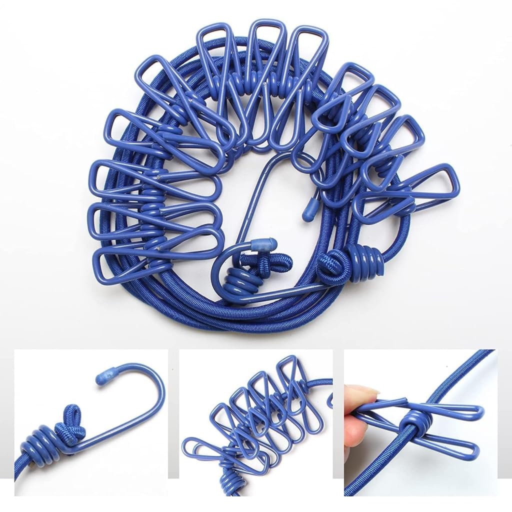 100% Strong Elastic Cloth Drying Rope with 12 Clips & Hooks | Portable No-Drill Balcony & Travel Clothesline
