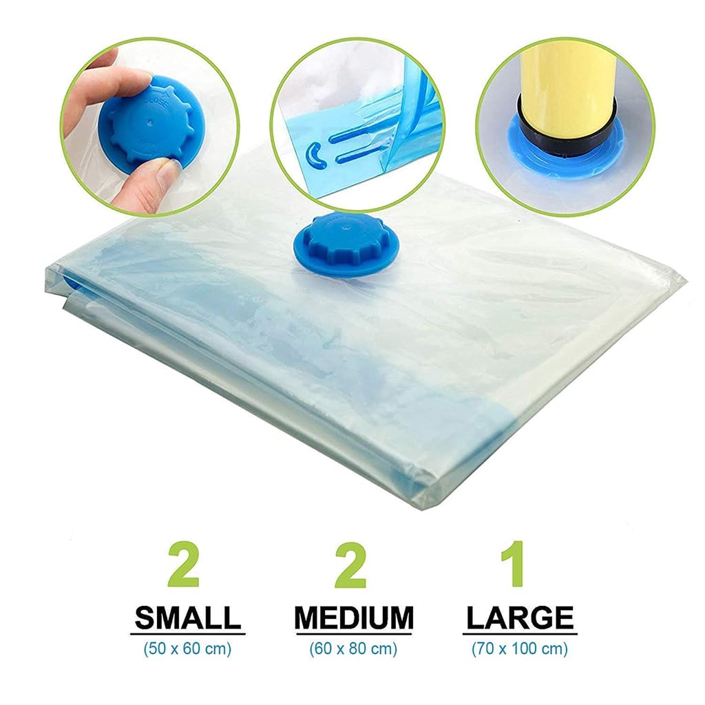BV Lifestyle 100% Air-Lock Vacuum Storage Bags Set of 5 with Suction Pump | Jumbo Space Saving Compression Bags for Clothes & Blankets | 1 Medium, 2 Large, 2 Extra Large
