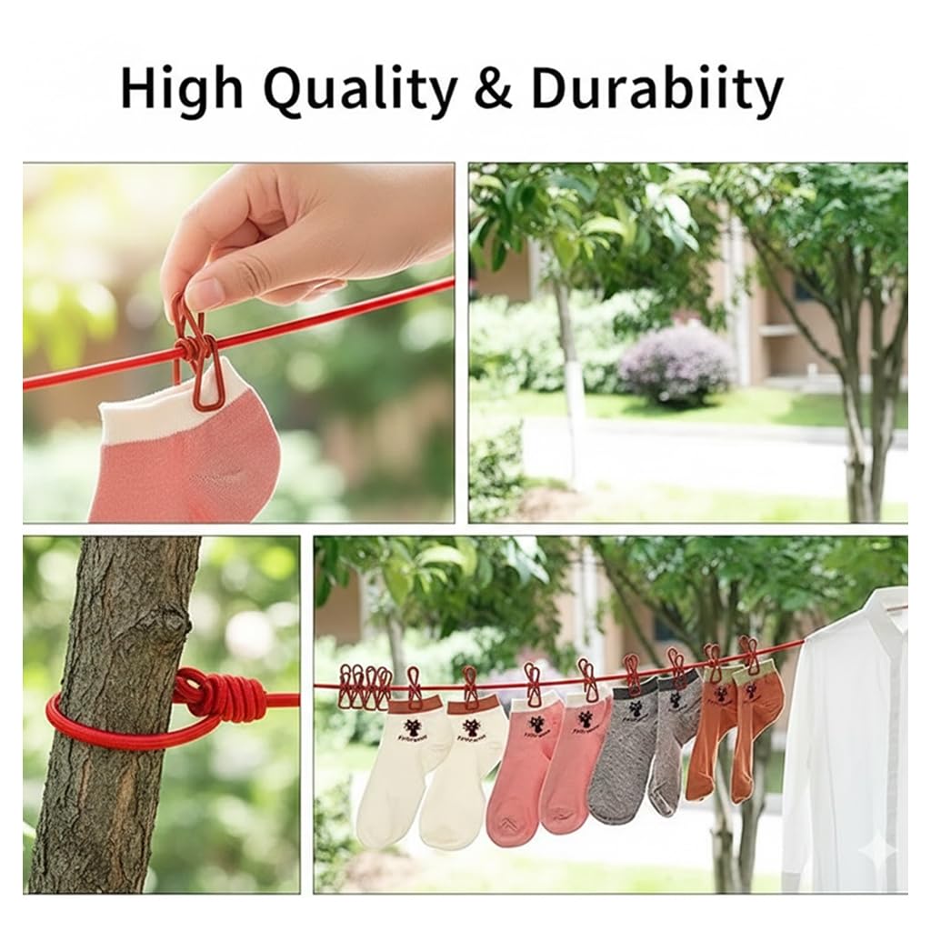 100% Strong Elastic Cloth Drying Rope with 12 Clips & Hooks | Portable No-Drill Balcony & Travel Clothesline