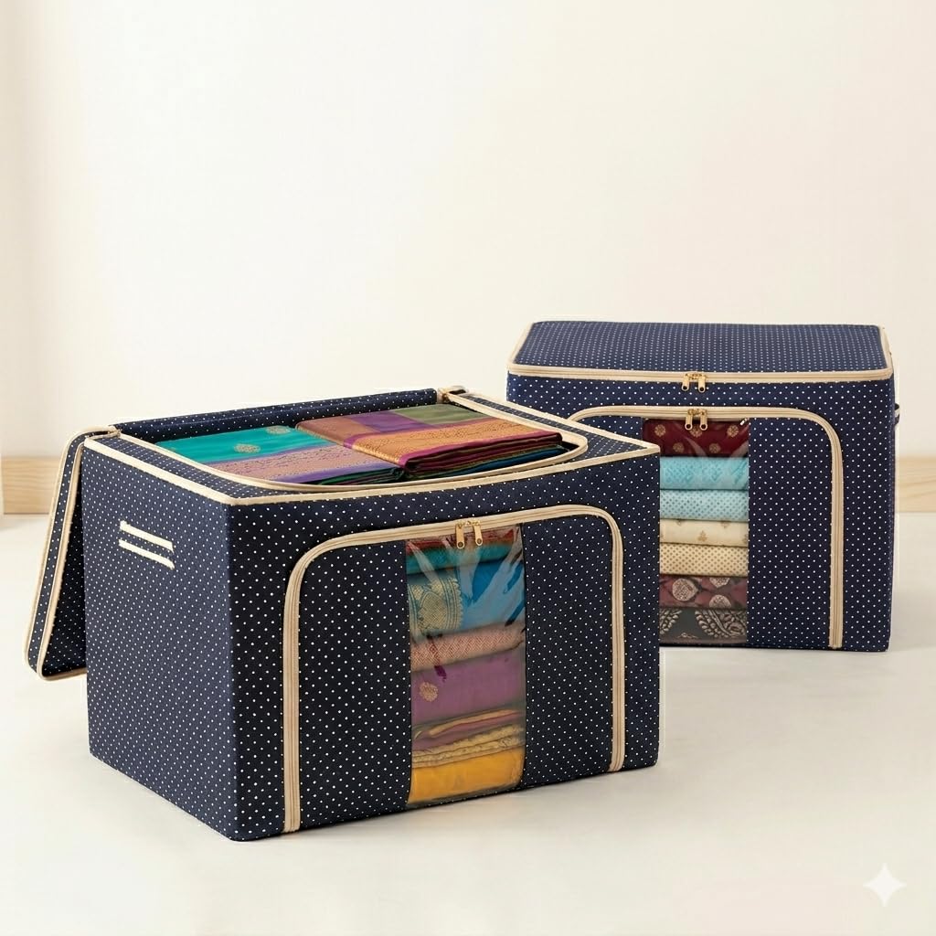 100% Jumbo Underbed Storage Organizer Combo | Foldable Clothes Storage Box Combo, Navy Blue Polka Dot, 66L, for Saree, Blanket & Wardrobe Organisation, 50x40x33 cm, Set of 2