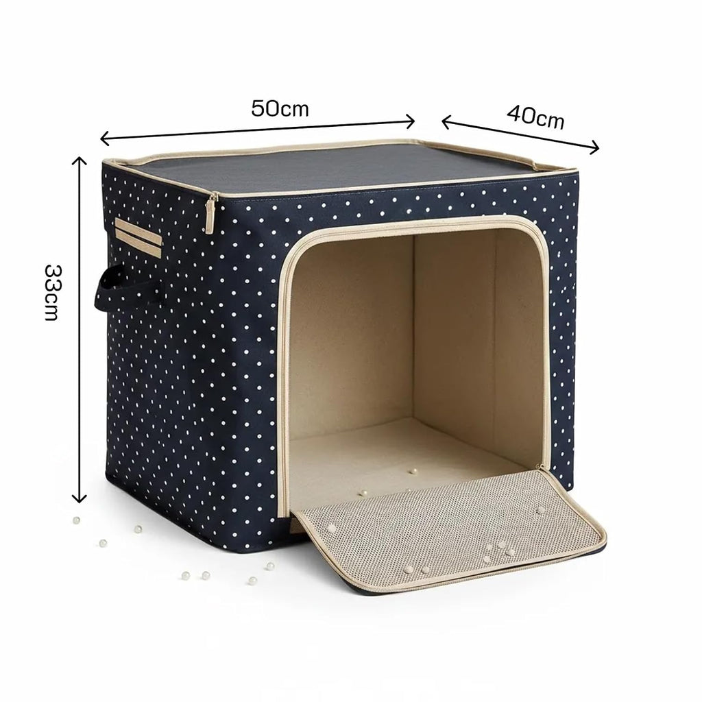 100% Jumbo Underbed Storage Organizer Combo | Foldable Clothes Storage Box Combo, Navy Blue Polka Dot, 66L, for Saree, Blanket & Wardrobe Organisation, 50x40x33 cm, Set of 2