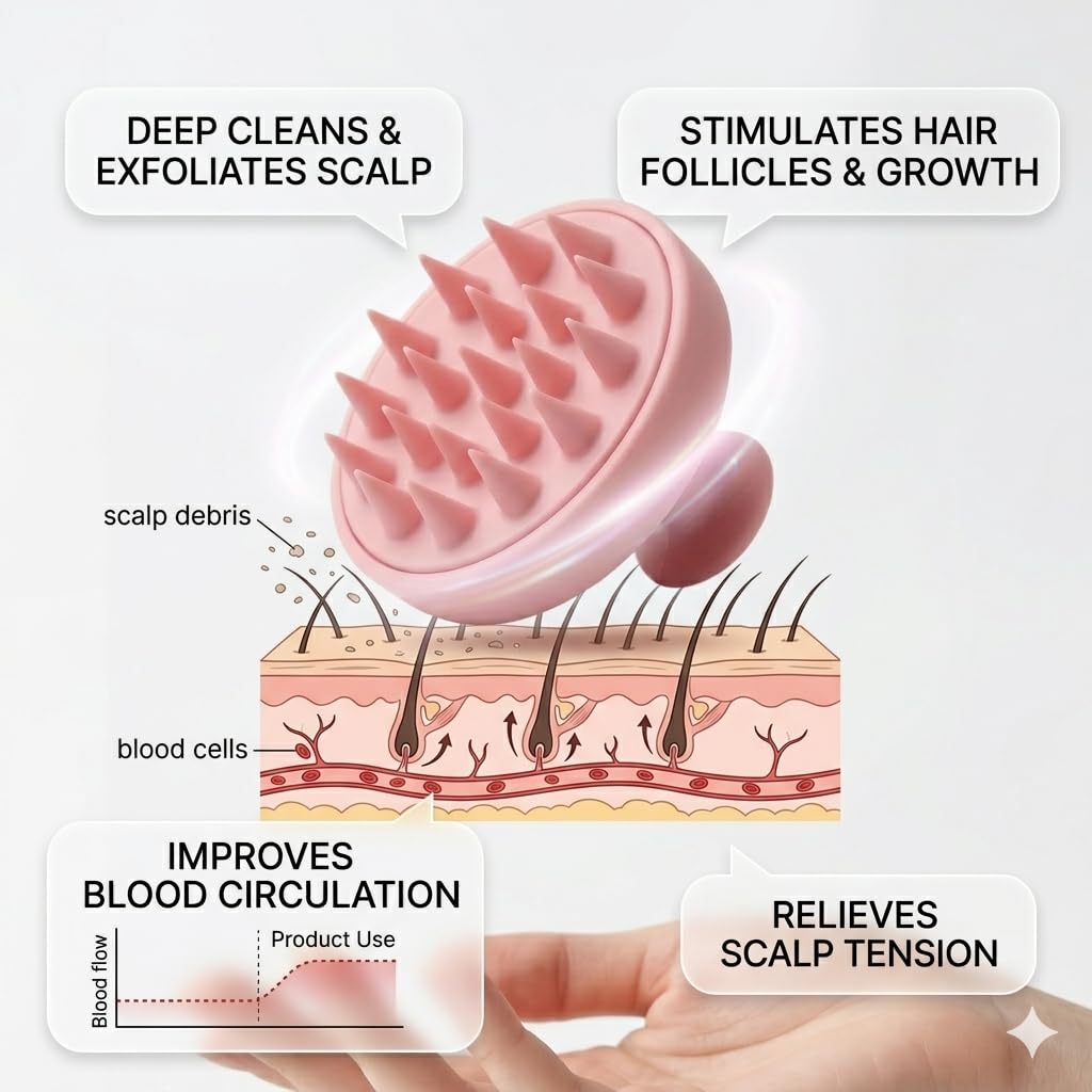 Silicone Scalp Massager Brush, Pink, Soft Bristles, Shampoo Scrubber for Hair Growth