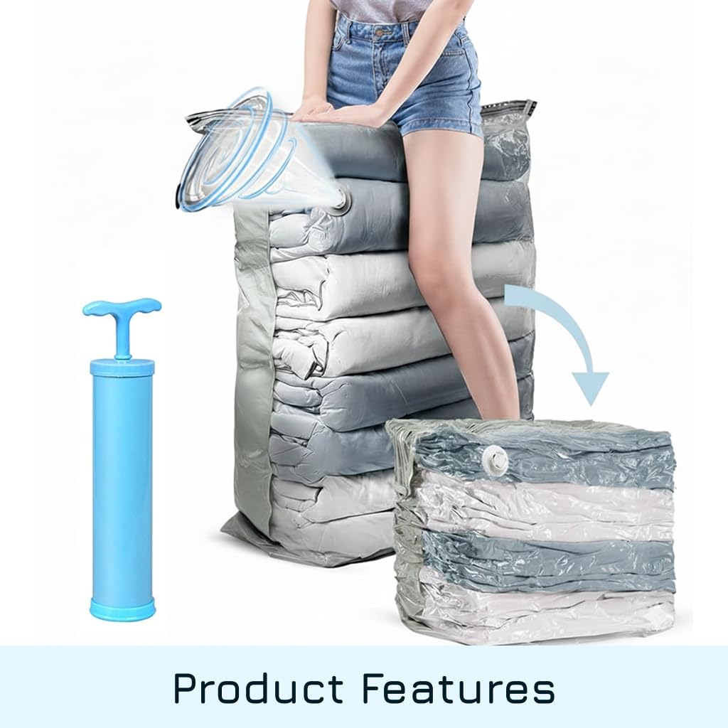 BV Lifestyle 100% Air-Lock Vacuum Storage Bags Set of 5 with Suction Pump | Jumbo Space Saving Compression Bags for Clothes & Blankets | 1 Medium, 2 Large, 2 Extra Large