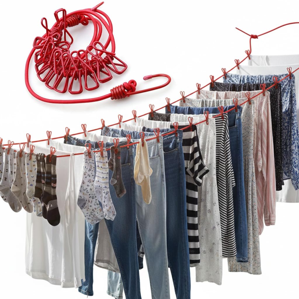 100% Strong Elastic Cloth Drying Rope with 12 Clips & Hooks | Portable No-Drill Balcony & Travel Clothesline