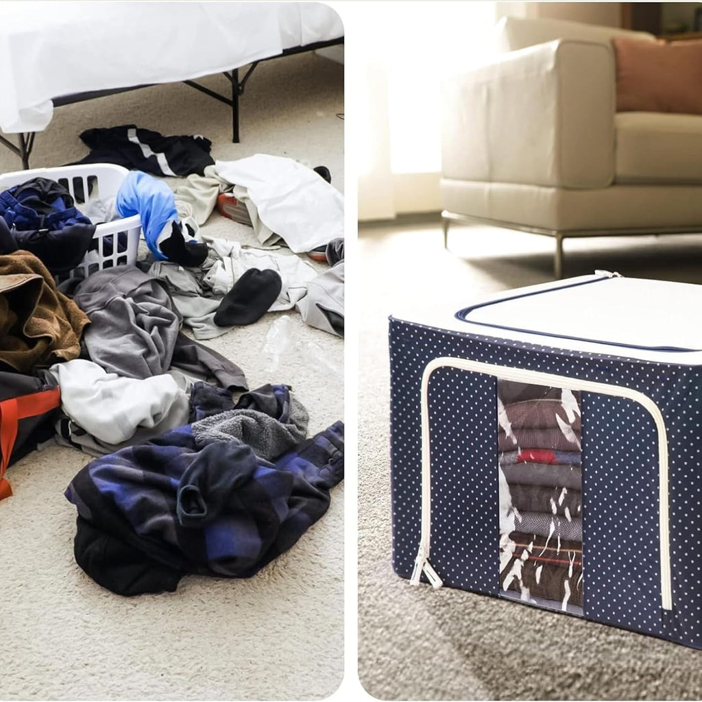 100% Jumbo Underbed Storage Organizer Combo | Foldable Clothes Storage Box Combo, Navy Blue Polka Dot, 66L, for Saree, Blanket & Wardrobe Organisation, 50x40x33 cm, Set of 2