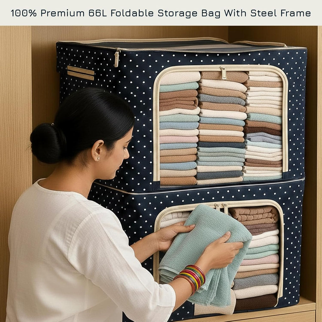 100% Heavy Duty 66L Foldable Steel Frame Storage Bag with Dual Zipper Closure | Premium Clothes, Blanket & Wardrobe Organizer | Non-Woven Waterproof Material
