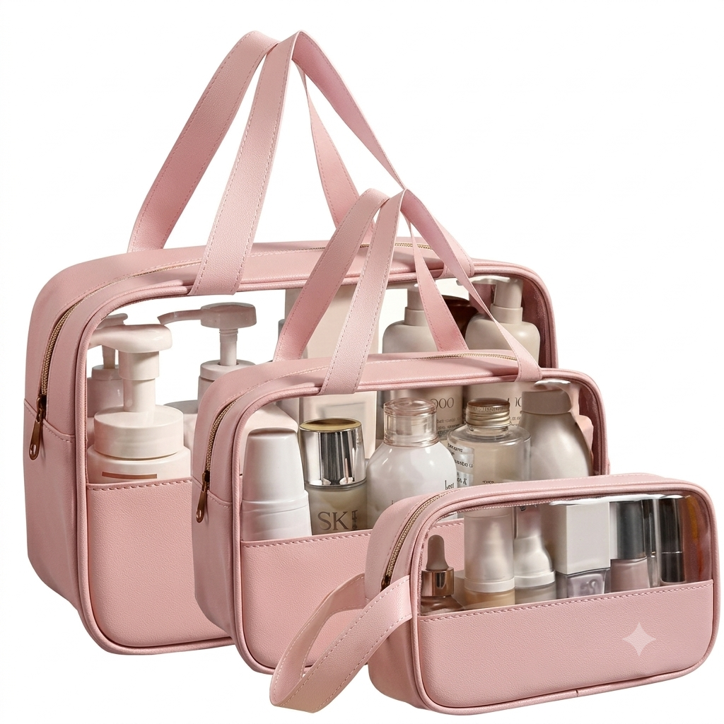 Pack of 3 Makeup Organizer Bags – Travel Waterproof Cosmetic Toiletry Pouches for Women & Girls (Rose Pink). ( pink, Free Size )